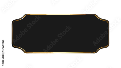 Black plaque with golden border and curved edges isolated on a white background for decorative purposes