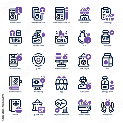 Nutrition Guide Icon pack for your website, mobile, presentation, and logo design. Nutrition Guide Icon dual tone design. Vector graphics illustration and editable stroke.