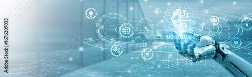 Foto Hand of robotic holding machine learning on global networking, predictive analytics, data modeling, algorithm optimization, AI-powered automation, advanced digital intelligence