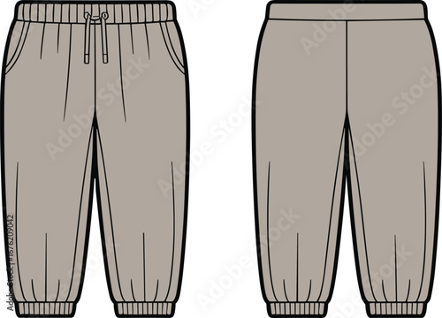 Technical flat vector cad drawing of grey cuffed jogger pants with elastic waist and drawstring, front and back view illustration