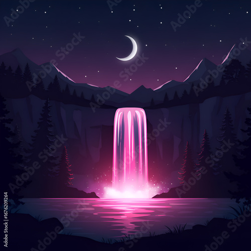 Glowing pink waterfall at night with crescent moon and forest silhouettes