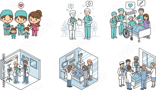 Vector illustration collection of doctors, nurses, patients, medical teamwork, healthcare treatment, hospital staff, emergency care, cartoon style, flat design, line art.