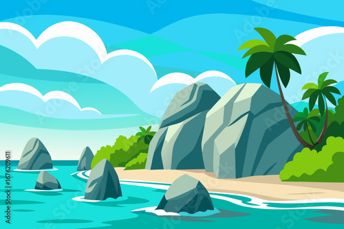 Tropical beach scene with palm trees and rocky outcrops