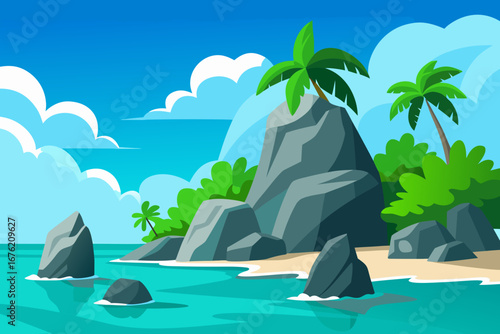Tropical island paradise with palm trees and rocky shoreline