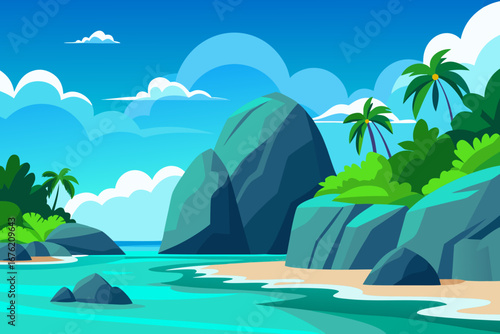 Vibrant tropical island beach scene with palm trees and turquoise water