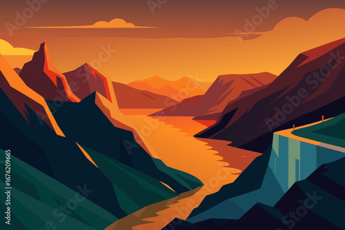 Geometric mountain landscape at sunset with orange river