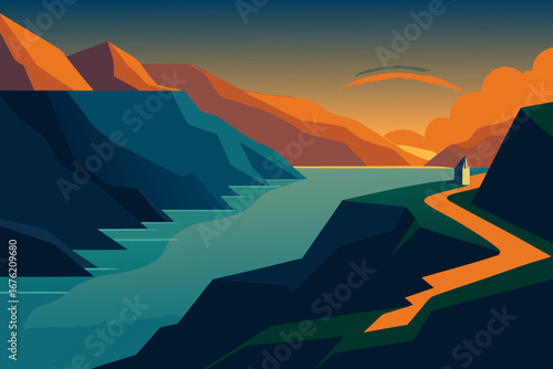 Geometric mountain landscape with river and sunset