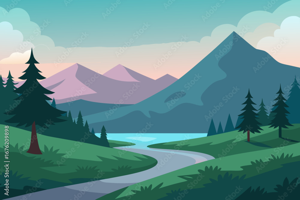 Fototapeta premium Serene mountain landscape with winding river and pine trees