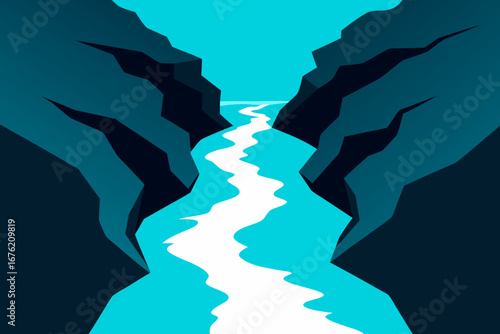 Stylized canyon river flowing through dark cliffs
