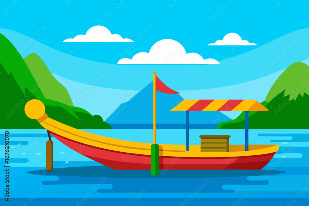 Naklejka premium Colorful boat on a serene lake with mountains and clouds