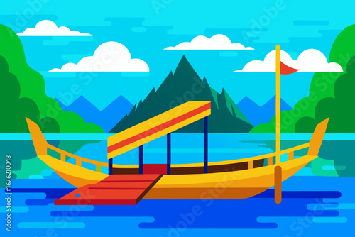 Flat design boat on a calm lake with mountain backdrop
