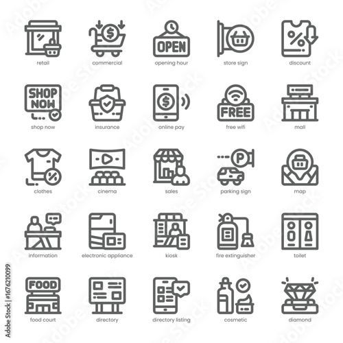 Mall Directory Icon pack for your website, mobile, presentation, and logo design. Mall Directory Icon outline design. Vector graphics illustration and editable stroke.