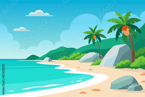 Tropical beach scene with palm trees and turquoise water