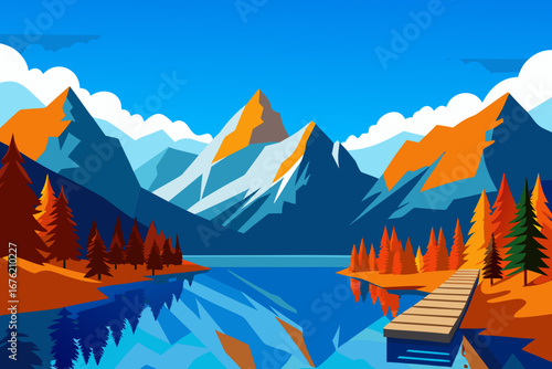 Vibrant geometric mountain lake landscape with pier and autumn trees