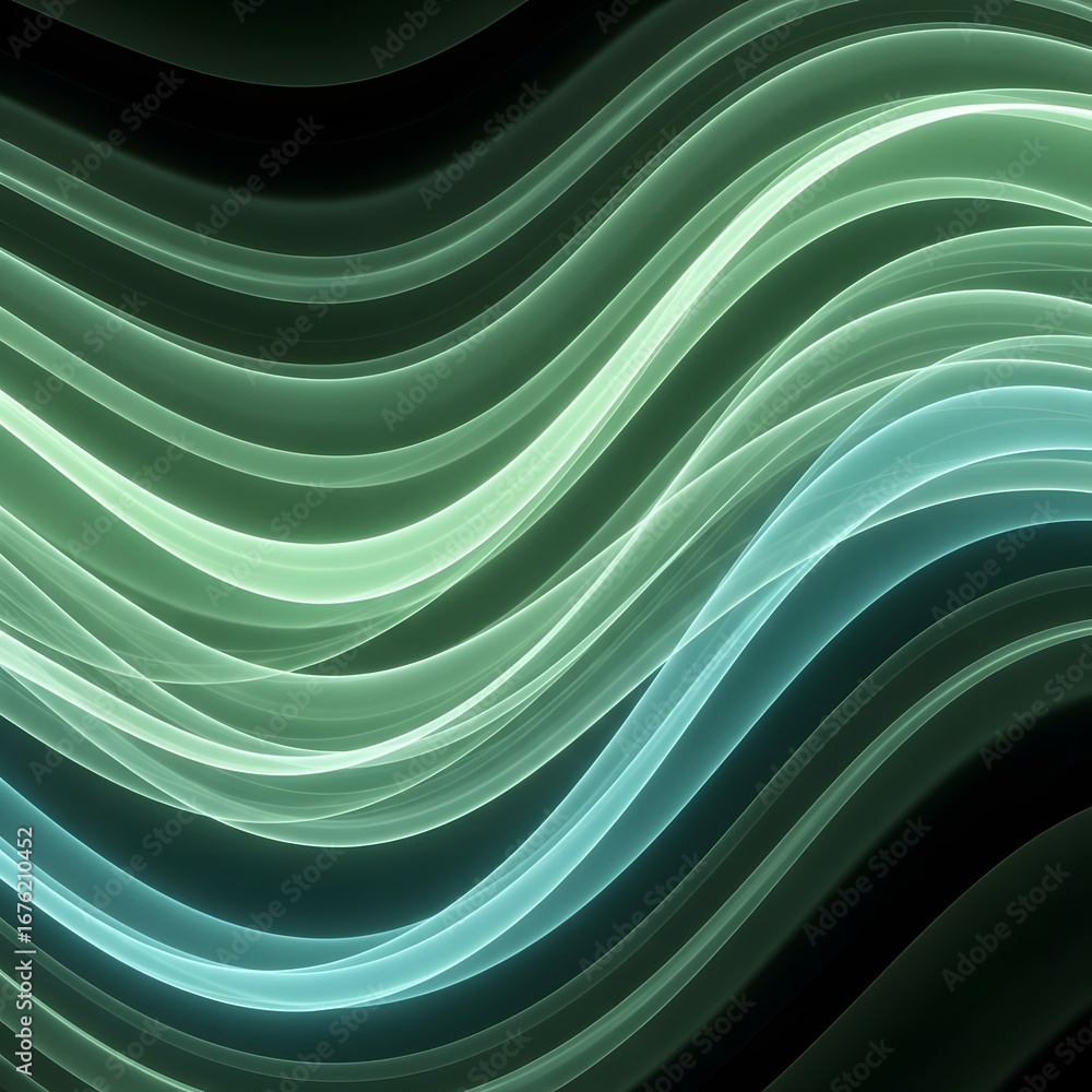 Fototapeta premium Abstract flowing waves of light in shades of green and blue on a dark background
