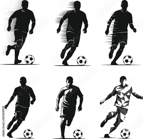 Soccer player silhouette vector illustration set with dynamic running, kicking, dribbling, geometric, halftone, and modern abstract artistic styles.