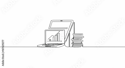 Modern line art illustration showing business growth with laptop and books, perfect for finance blogs or educational content about business studies