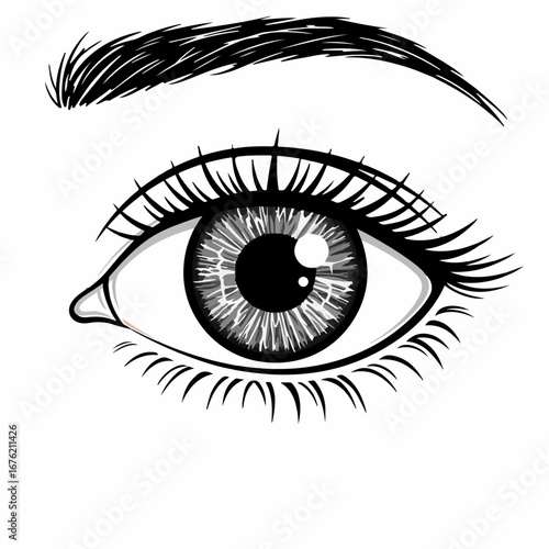 Intense mesmerizing eye drawing with thick lashes and brow, a striking minimalist beauty illustration for graphic design or beauty brand, originally a vector graphic