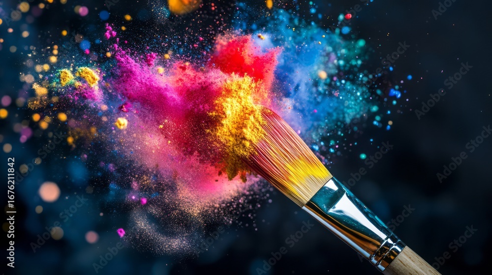 Fototapeta premium An explosion of vibrant colors emerges as the paintbrush dances across the canvas, symbolizing the essence of artistic creativity and deep personal expression in the world of visual arts and crafts