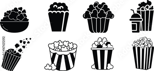 Popcorn icon set.bucket box cinema concept. vector icon can be used for watching movie take away food snack. popcorn symbol template for graphic and web design collection logo vector illustration.