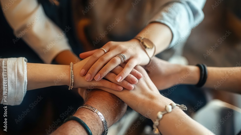 Fototapeta premium Stack of hands symbolizing unity and teamwork in collaboration.