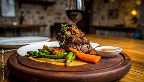 Gourmet steak dinner on a wooden platter