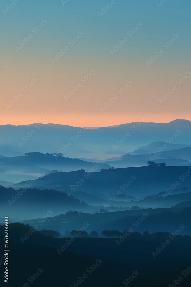 Fototapeta premium Serene landscape of fog-covered hills under soft dawn light, evoking stillness and natural beauty.