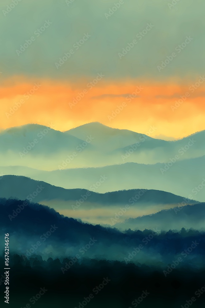 Fototapeta premium Serene landscape of fog-covered hills under soft dawn light, evoking stillness and natural beauty.