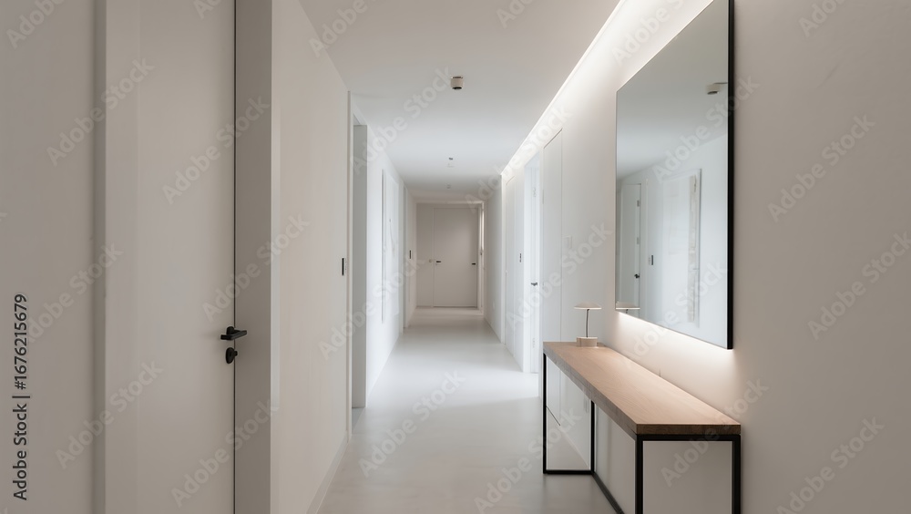 Fototapeta premium Minimalist Modern White Hallway with Large Mirror and Wooden Console Table
