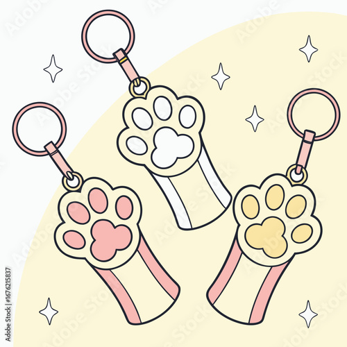 Animal Paw Keychains Vector keychains shaped like animal paws, pastel kawaii cartoon style