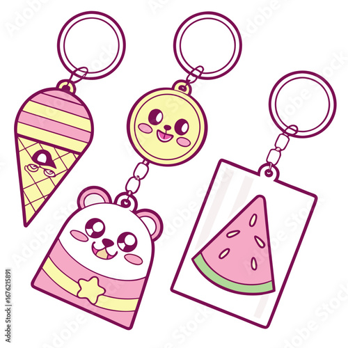 Acrylic style keychains with kawaii pop art illustrations