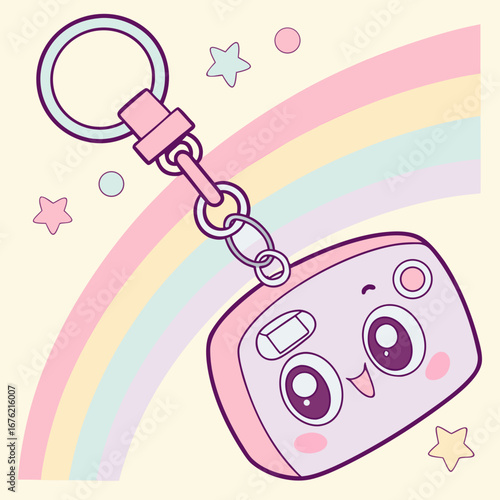  Cute webcam keychain with smiling kawaii face, pastel neon vector illustration