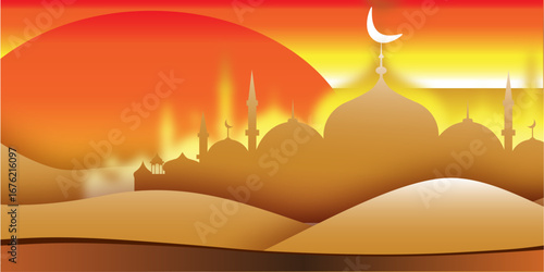 
silhouette of a mosque as a mirage in the desert