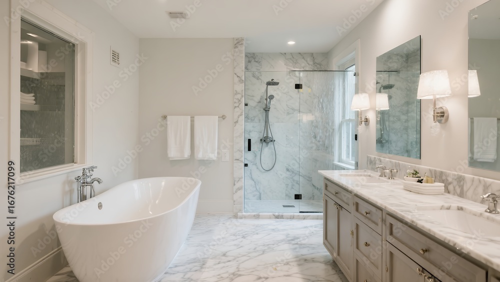 custom made wallpaper toronto digitalModern Elegant Bathroom with Freestanding Bathtub and Marble Shower in Bright Natural Light