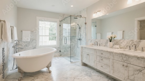 Elegant White Marble Bathroom with Freestanding Bathtub and Glass Shower Enclosure