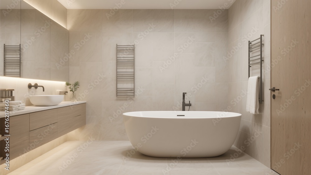 custom made wallpaper toronto digitalModern Minimalist Bathroom with Freestanding Bathtub and Neutral Tones