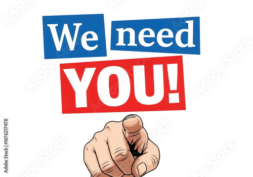 A hand points directly at the viewer with a we need you message, isolated on transparent background