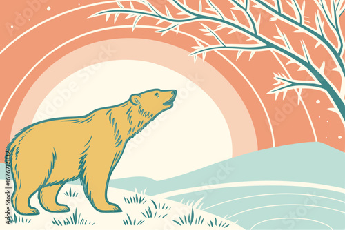 Bear in a frosty landscape with blue gradient for winter wildlife concept