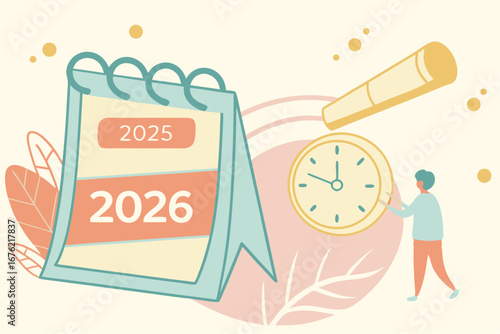 Calendar flipping to 2026 with clock for New Year planning concept