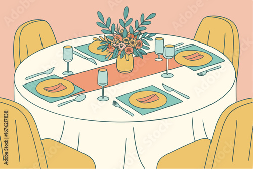 Festive dinner table setup with flowers and tableware for holiday celebration concept