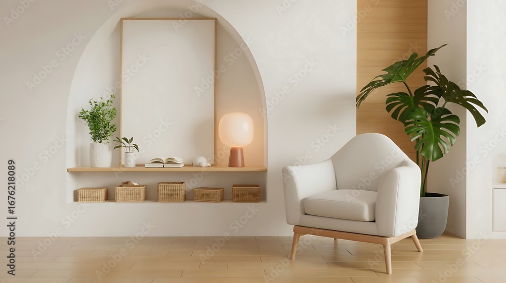 Fototapeta premium Modern living room nook featuring a plush white armchair and decorative shelf with plants