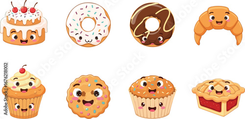 cute desserts, cartoon cakes, sweet treats, cupcakes, donuts, cookies, pies, smiling pastries, food illustration, kawaii style, fun desserts