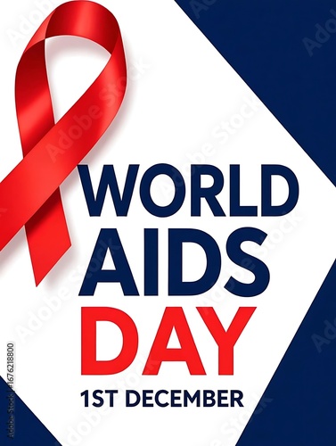 Red ribbon hiv awareness poster design for world aids day december 1st focusing on prevention, healthcare, education, medical campaigns, global solidarity, community support and charity fundraising