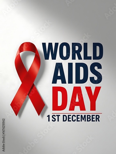 December 1st world aids day flyer with glossy red ribbon illustration highlighting hiv awareness, healthcare campaigns, prevention education, testing, treatment, medical outreach and global charity