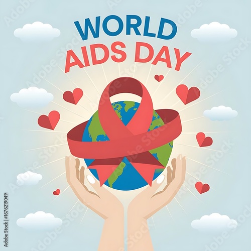 Global hiv awareness world aids day illustration with symbolic red ribbon and planet earth in safe hands, medical poster background, education, prevention campaign for social care and healthcare cause
