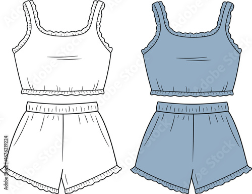 Women’s crop top and shorts loungewear set, ruffle trim detail, front and back technical flat sketch, vector CAD fashion illustration