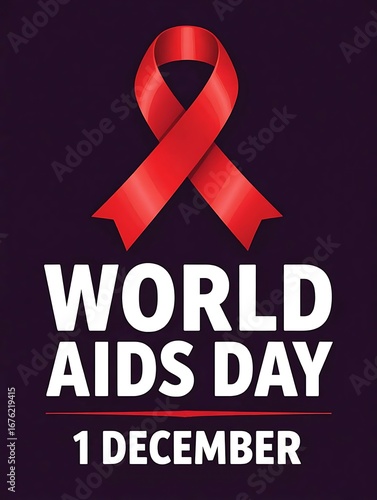 Health awareness poster with red ribbon and world aids day text, hiv prevention symbol, medical advocacy, charity campaign design, healthcare education and solidarity on pink background