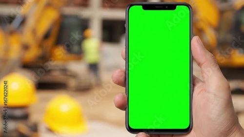 Smartphone with green screen held at a construction site, yellow helmet and tools blurred in background.