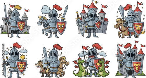 Cartoon knight illustration, medieval armor, sword and shield, castle background, dragon encounter, fantasy scene, heroic pose, colorful panels