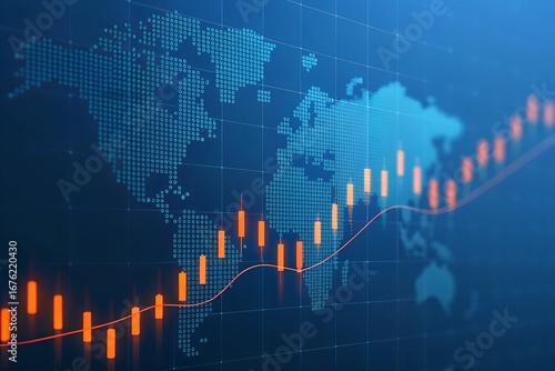 Global financial market trends visualized on a world map with upward-trending stock charts and data analysis, indicating economic growth and investment opportunities